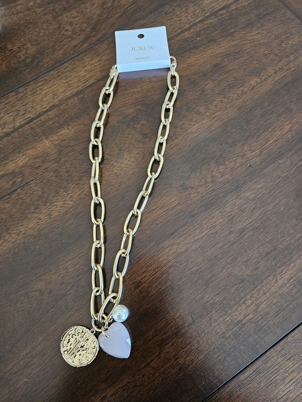 J.Crew Puffy Heart, Coin & Pearl Charm Chain Necklace, Gold/ Pink, White - Picture 3 of 5